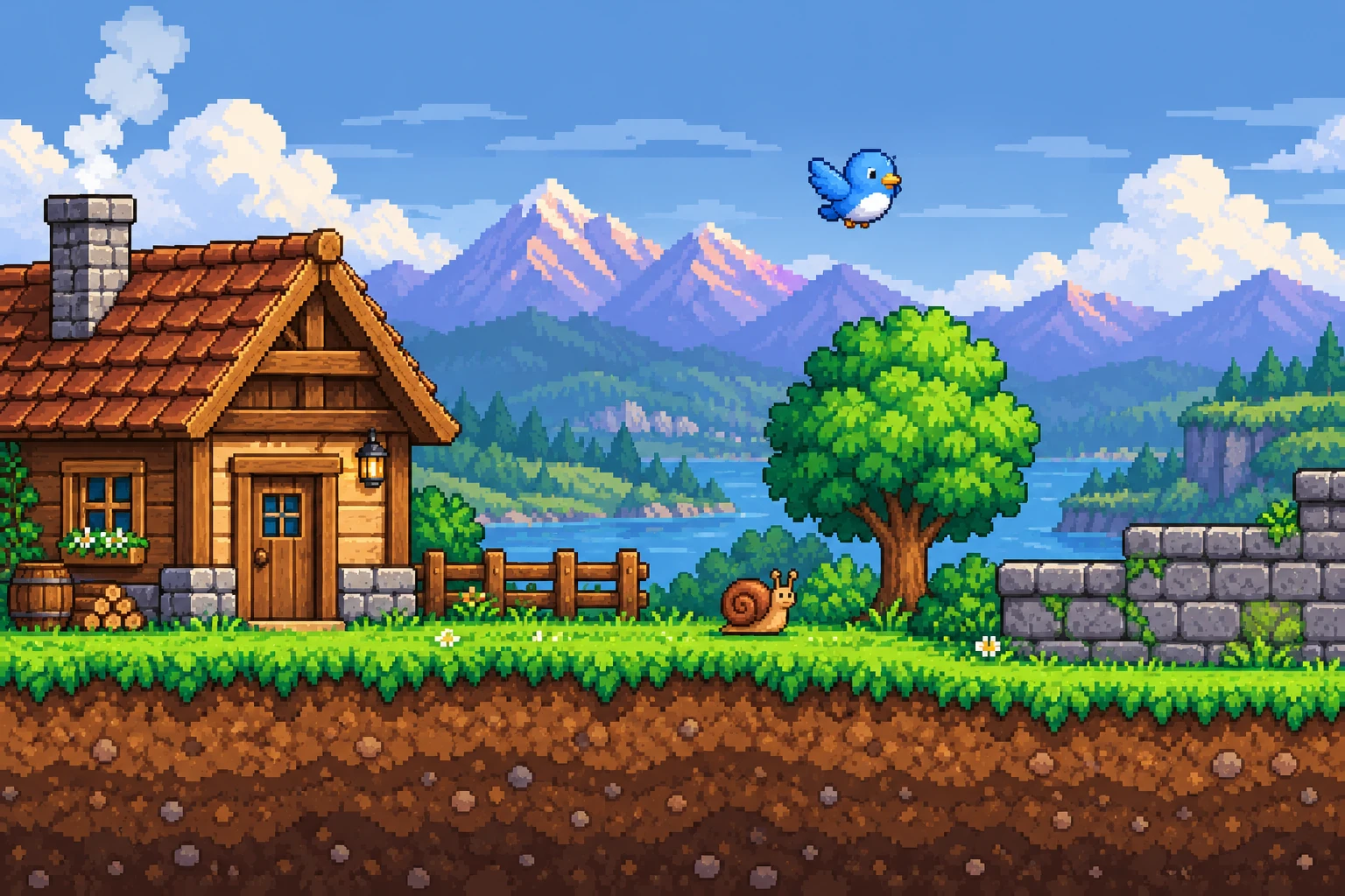 Original pixel illustration of a cottage, blue bird, and snail; not a game screenshot