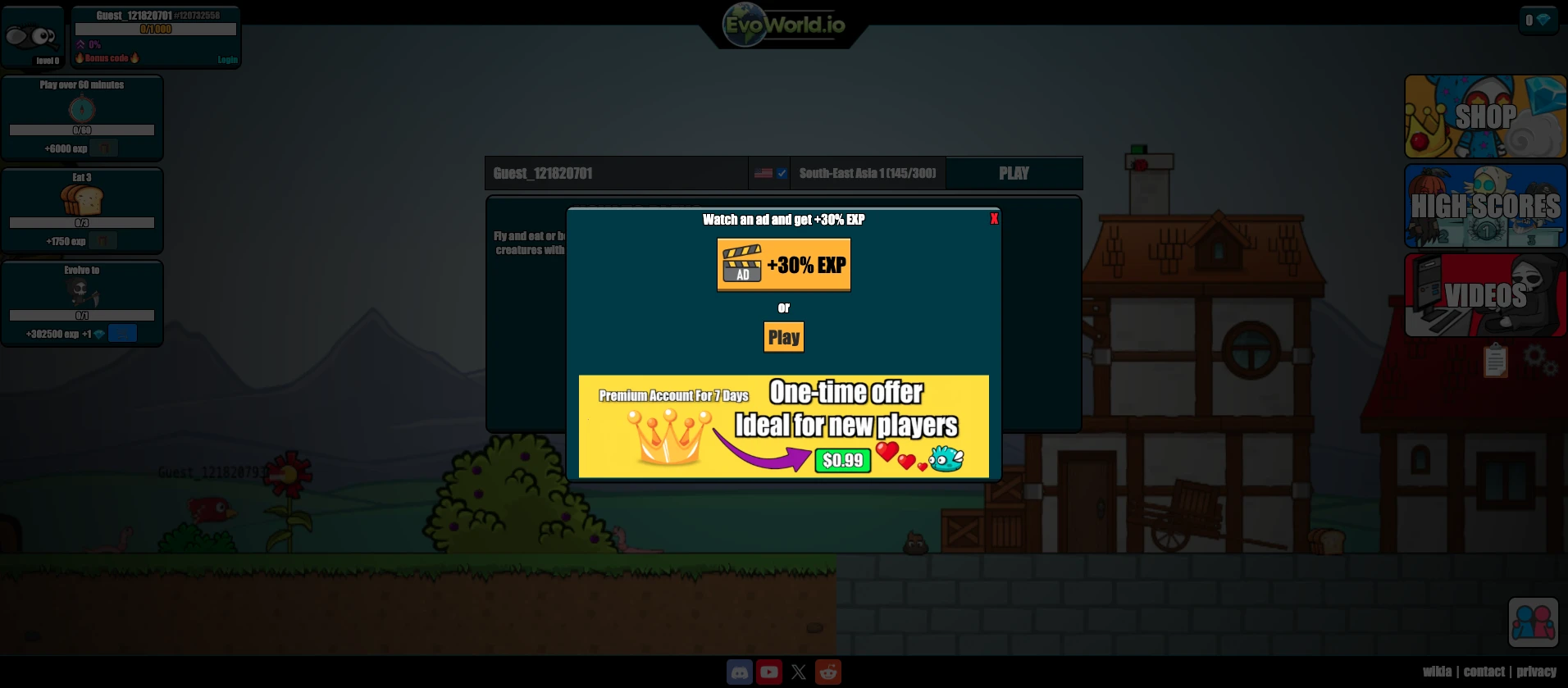 EvoWorld.io gameplay screenshot; video opens after selection