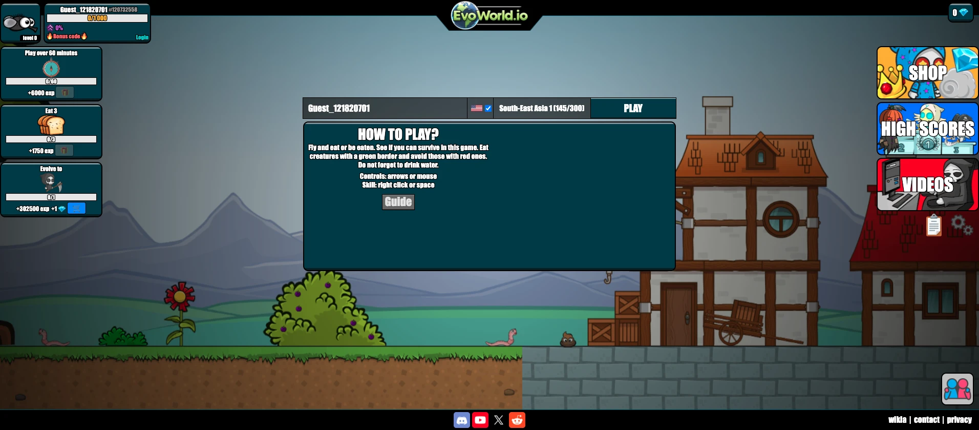 EvoWorld.io lobby with the how-to-play panel and a grassland house